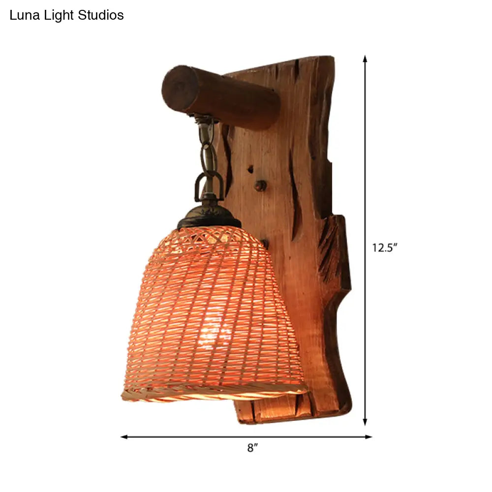 Traditional Wood Cone/Cylinder Wall Lamp - Beige Sconce Light with Rectangle Backplate