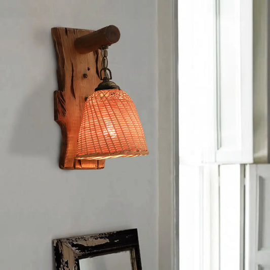 Traditional Wood Cone/Cylinder Wall Lamp - Beige Sconce Light with Rectangle Backplate