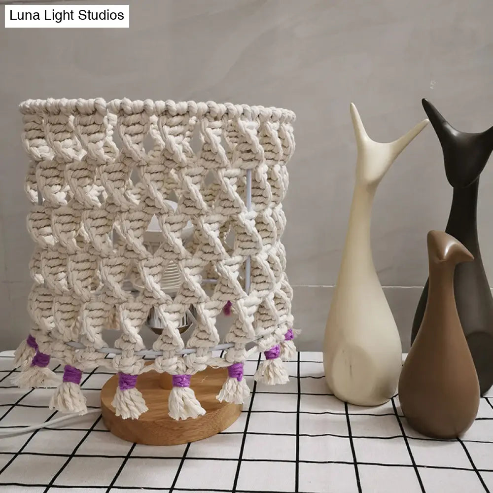 Traditional Yellow Cylinder Nightstand Night Light with Braided Rope Design - Ideal for Bedroom and Wood Décor