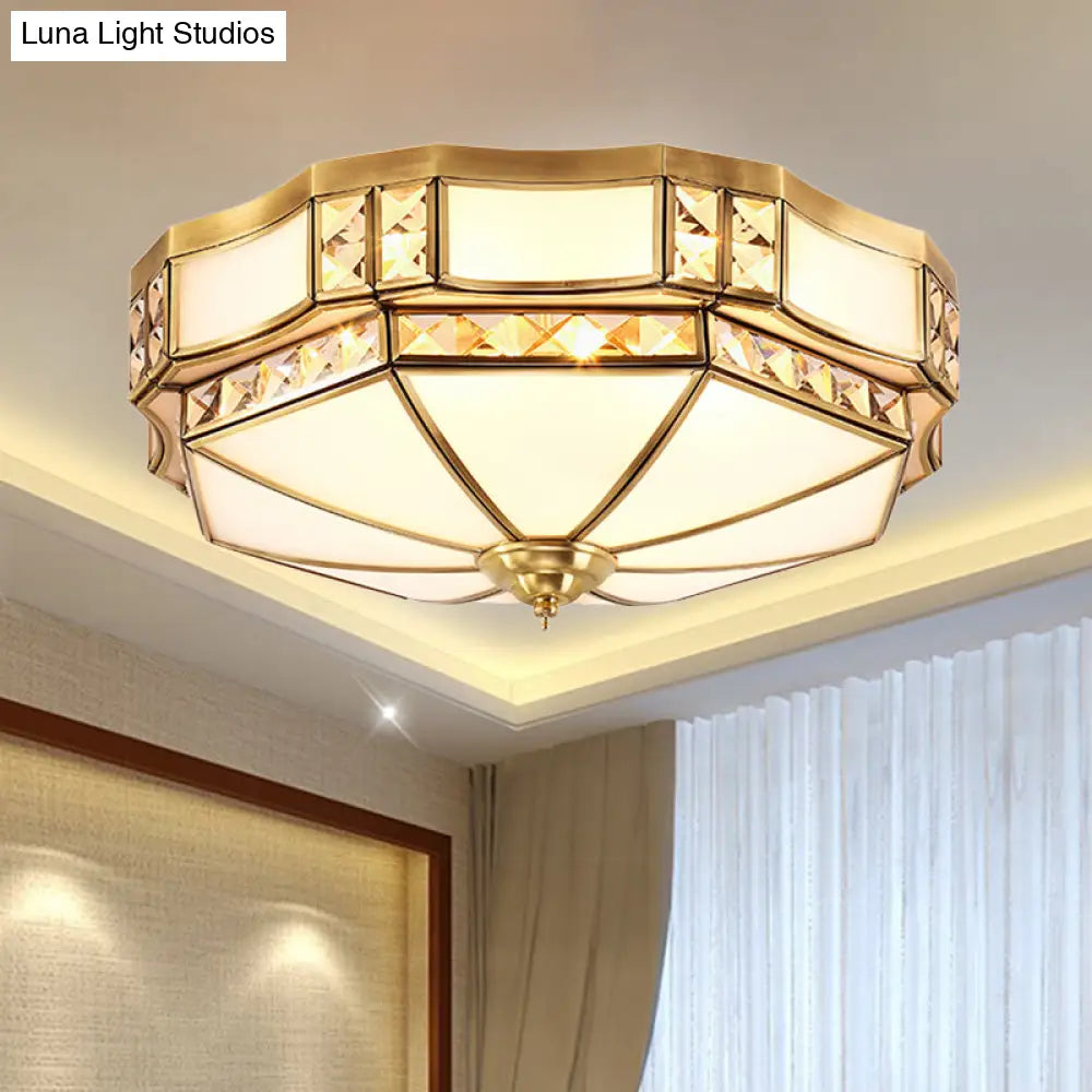 Traditional Yurt Flush Mount Lamp with Crystal Accent - 3/4/6 Lights and White Glass Ceiling
