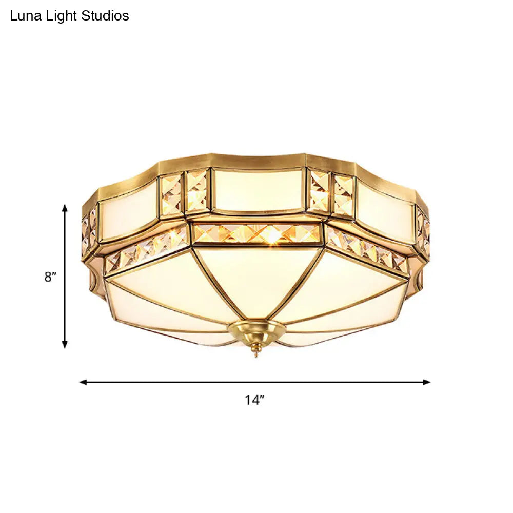 Traditional Yurt Flush Mount Lamp with Crystal Accent - 3/4/6 Lights and White Glass Ceiling