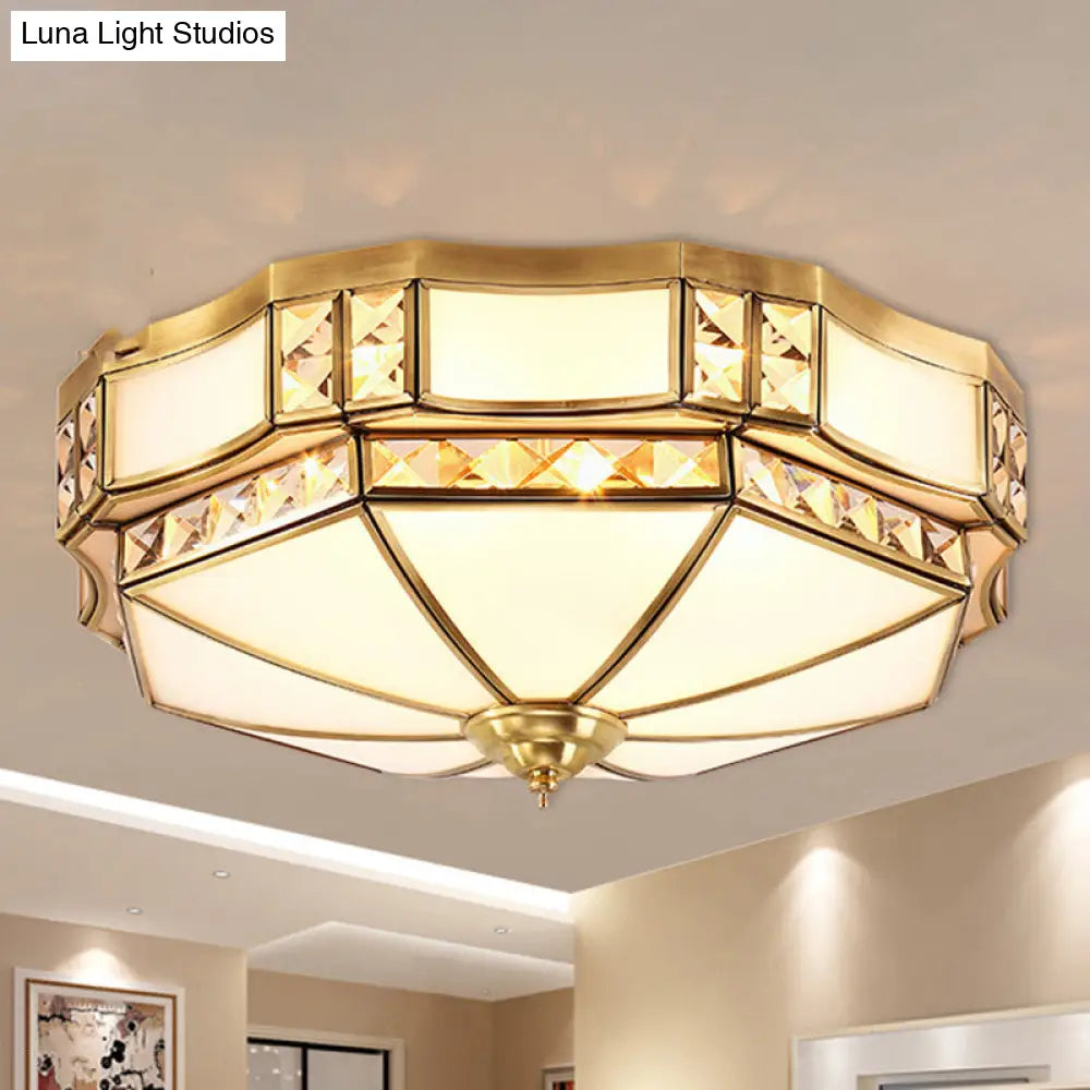 Traditional Yurt Flush Mount Lamp with Crystal Accent - 3/4/6 Lights and White Glass Ceiling