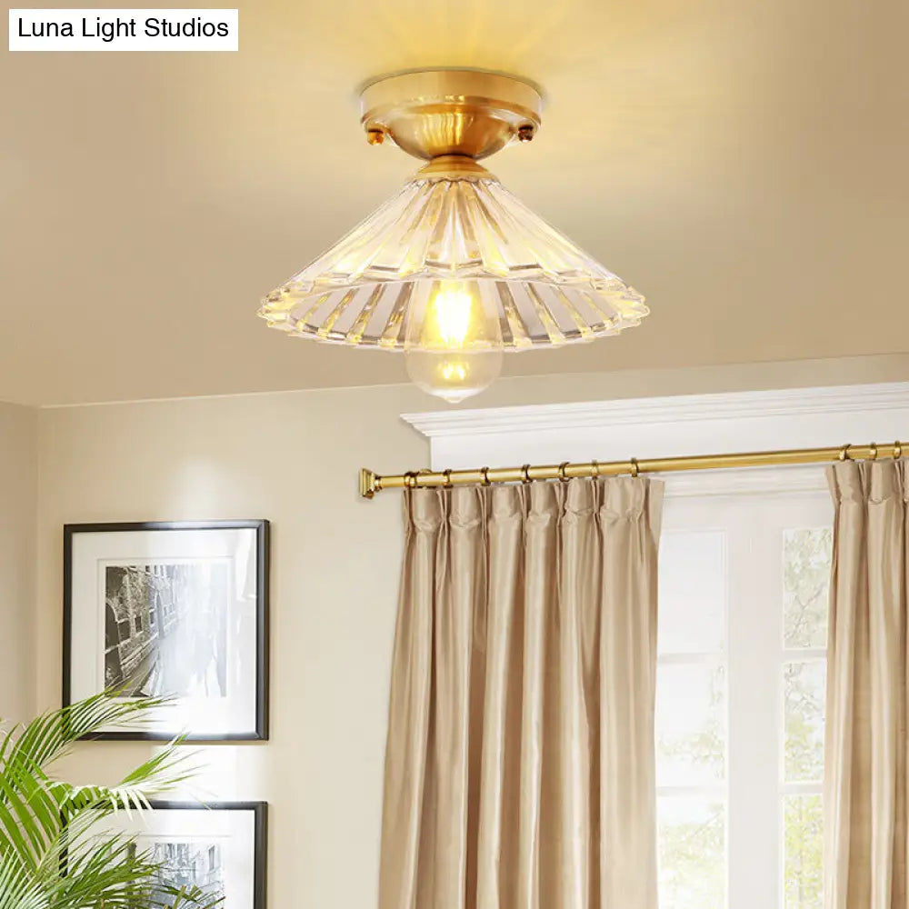 Traditionary Ribbed Glass Semi Flush Ceiling Light Fixture in Brass - Ideal for Bedroom