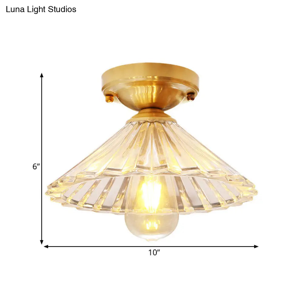 Traditionary Ribbed Glass Semi Flush Ceiling Light Fixture in Brass - Ideal for Bedroom