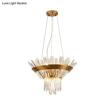 Transitional 9-Light Gold Crystal Tapered Icicle Chandelier - 7"/14" H Pendant Light