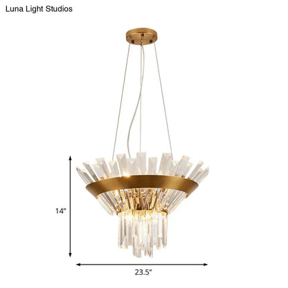 Transitional 9-Light Gold Crystal Tapered Icicle Chandelier - 7"/14" H Pendant Light