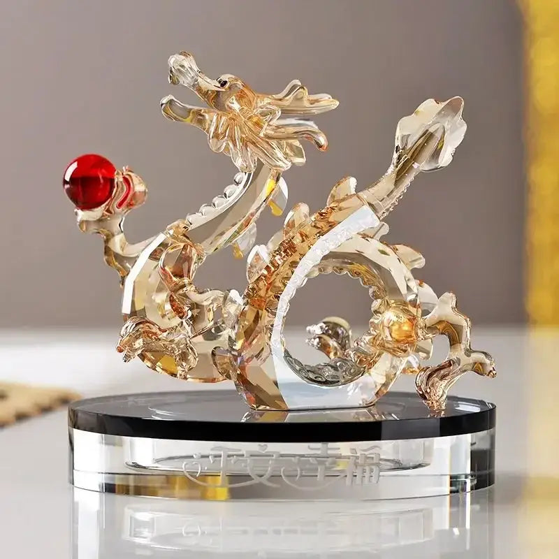 Translucent golden crystal dragon statue with red gemstone on clear base feng shui decorbites crystal dragon for living room decor