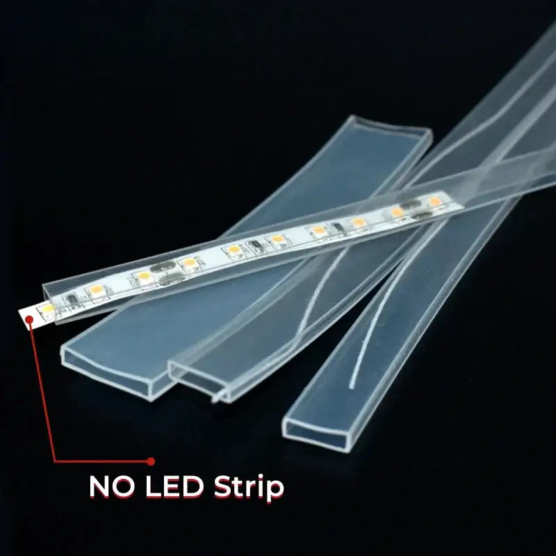 Clear plastic translucent silicone tube strip light diffuser sleeve partially open revealing internal decorbites 12mm led circuitry