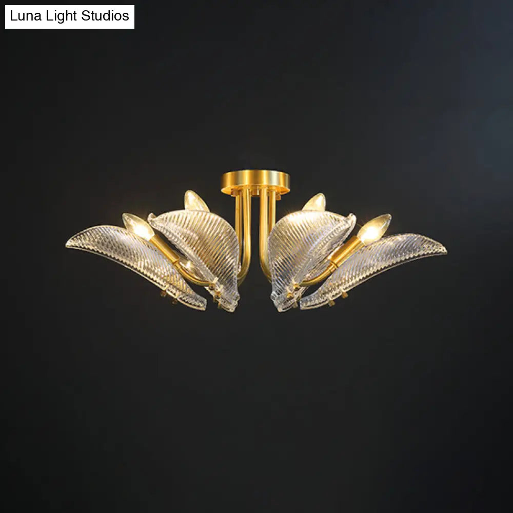 Transparent Glass Ceiling Lamp with Brass Leaf Design - Semi Flush Mount Light for Bedroom (6 Heads)