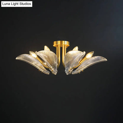 DecorBites™ DecorBites™ Transparent Glass Ceiling Lamp with Brass Leaf Design - Semi Flush Mount Light for Bedroom (6 Heads)