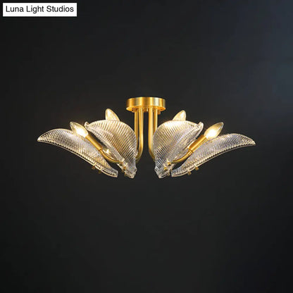 DecorBites™ DecorBites™ Transparent Glass Ceiling Lamp with Brass Leaf Design - Semi Flush Mount Light for Bedroom (6 Heads)
