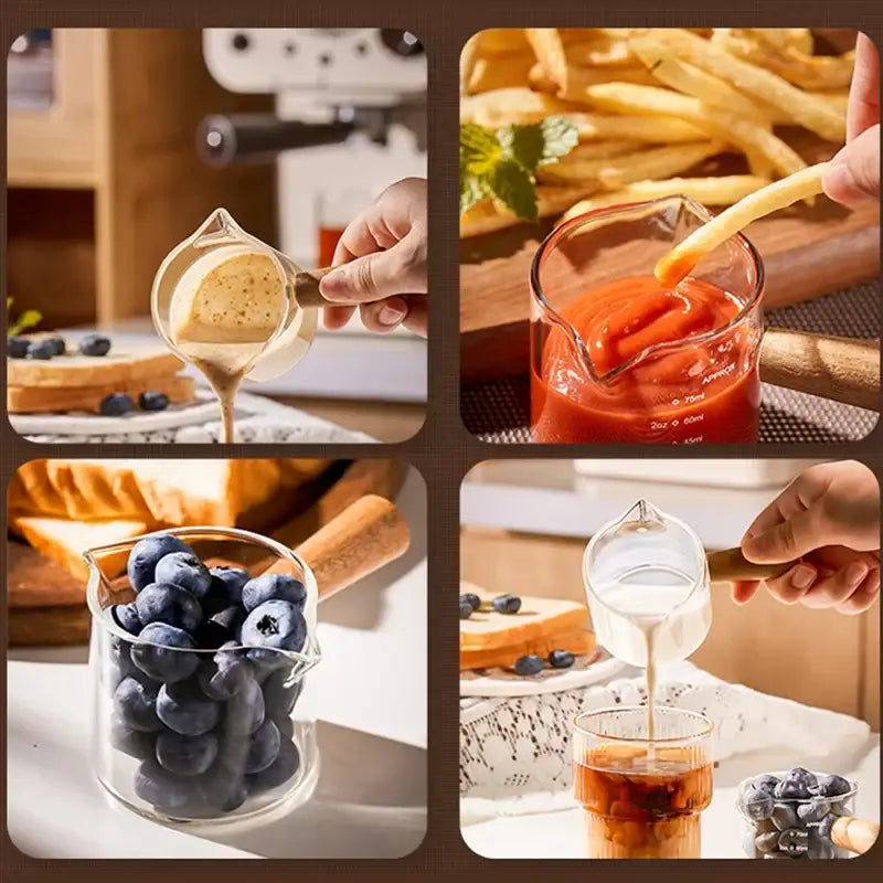Transparent glass espresso measuring cup with wood handle designed for serving or pouring sauces and beverages