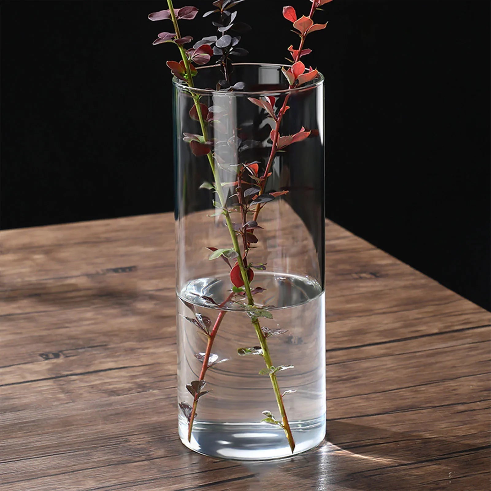 Transparent glass hydroponic cylindrical vase holding red-leafed stems for wedding living room decoration
