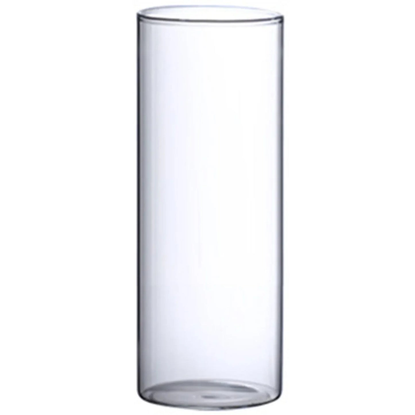 Clear cylindrical glass hydroponic vase with smooth transparent walls and reflective rim for wedding and living room decor