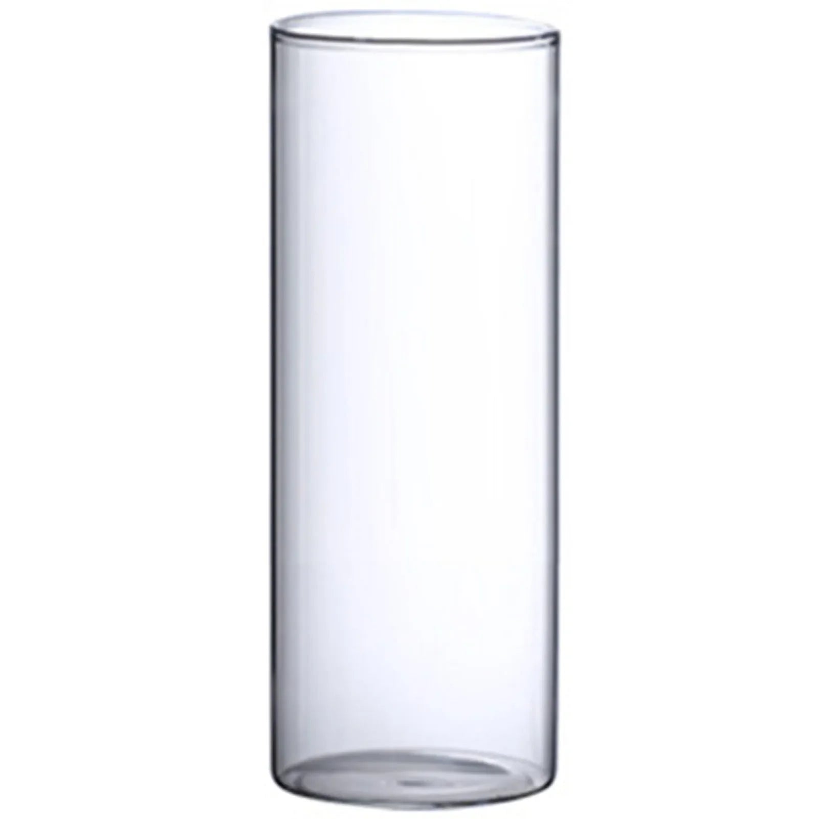 Clear cylindrical glass hydroponic vase with smooth transparent walls and reflective rim for home office wedding table