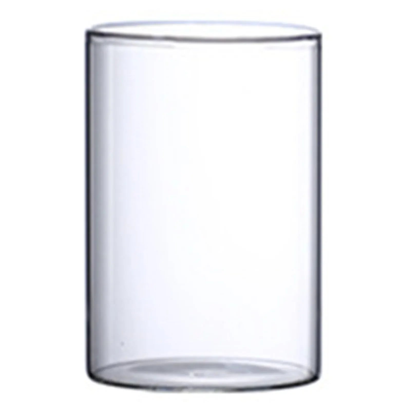 Clear cylindrical glass tumbler with smooth transparent walls and rounded rim for hydroponic flower display