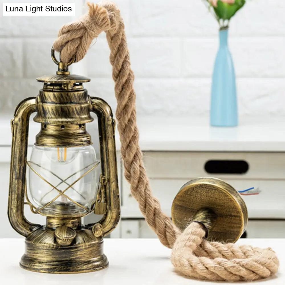 Transparent Glass Nautical Bedside Pendant Lantern Ceiling Lamp with Hemp Rope