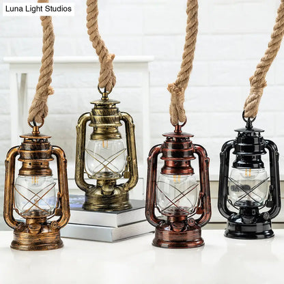 Transparent Glass Nautical Bedside Pendant Lantern Ceiling Lamp with Hemp Rope