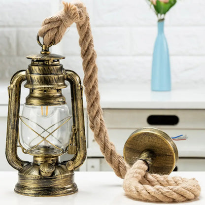 Transparent Glass Nautical Bedside Pendant Lantern Ceiling Lamp with Hemp Rope