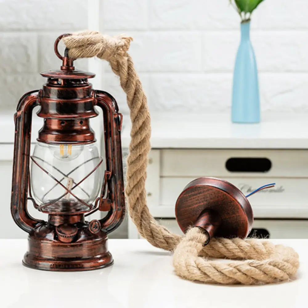 Transparent Glass Nautical Bedside Pendant Lantern Ceiling Lamp with Hemp Rope