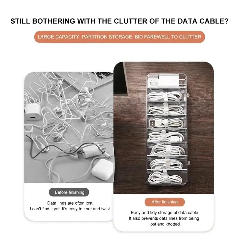 Transparent plastic cable storage box with multiple compartments holding neatly coiled white data cables for decorbites cable storage