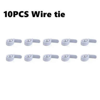 White plastic wire ties with looped ends and three holes for adjustable securing in decorbites cable storage box
