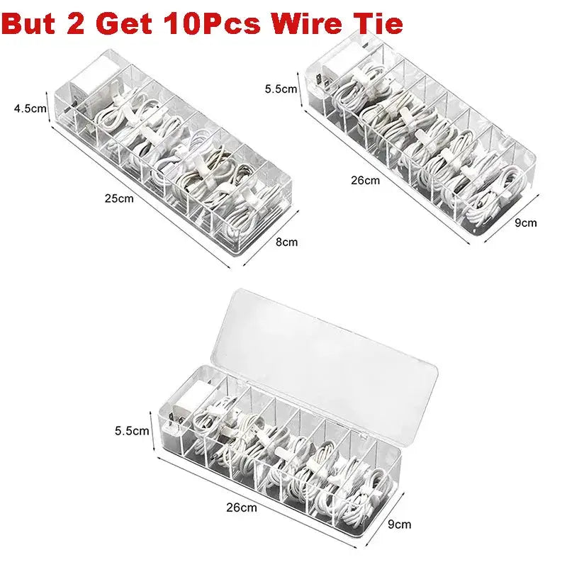 Transparent plastic cable storage box with multiple compartments neatly holding white charging cables and adapters