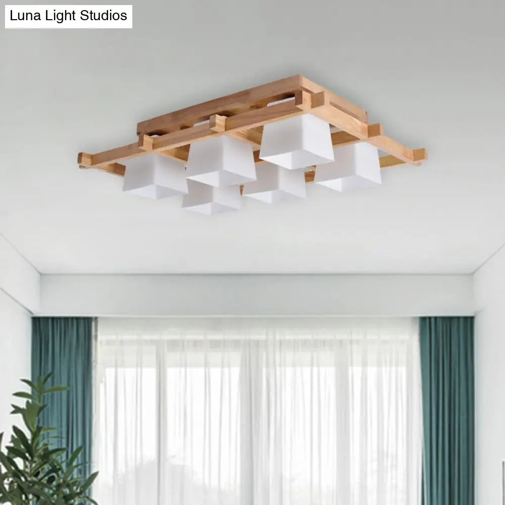 Trapezoid Glass Flush Light: Japanese 4/6-Bulb Ceiling Fixture with Wood Grid Frame