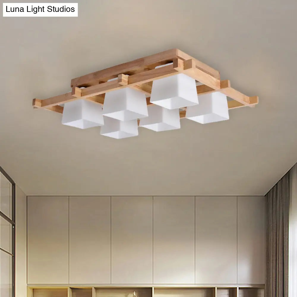 Trapezoid Glass Flush Light: Japanese 4/6-Bulb Ceiling Fixture with Wood Grid Frame