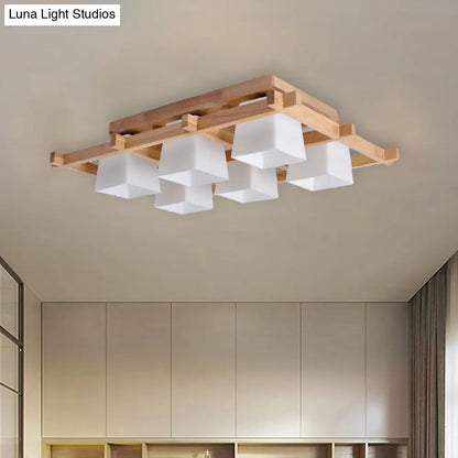 DecorBites™ DecorBites™ Trapezoid Glass Flush Light: Japanese 4/6-Bulb Ceiling Fixture with Wood Grid Frame