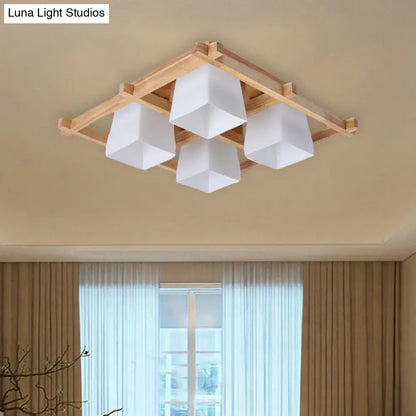 DecorBites™ DecorBites™ Trapezoid Glass Flush Light: Japanese 4/6-Bulb Ceiling Fixture with Wood Grid Frame