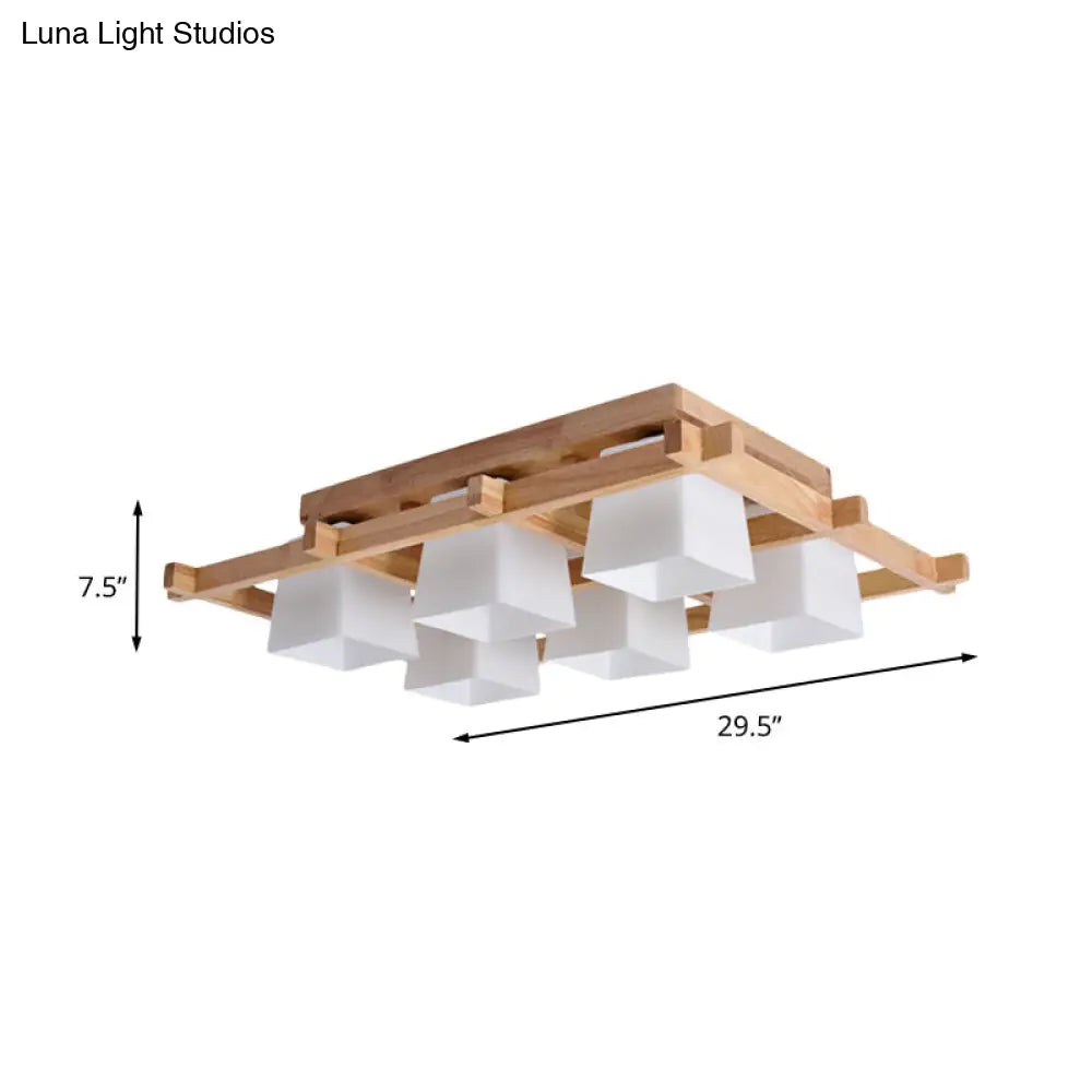 Trapezoid Glass Flush Light: Japanese 4/6-Bulb Ceiling Fixture with Wood Grid Frame