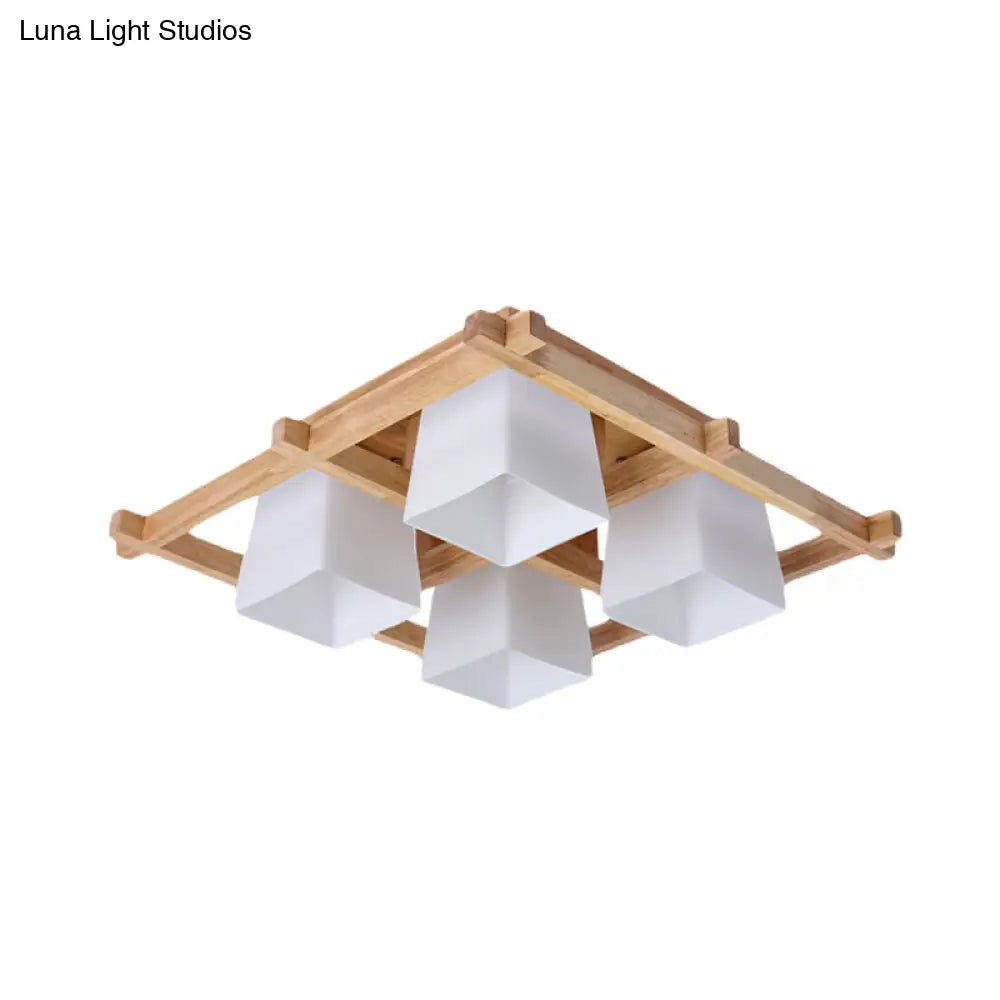 Trapezoid Glass Flush Light: Japanese 4/6-Bulb Ceiling Fixture with Wood Grid Frame
