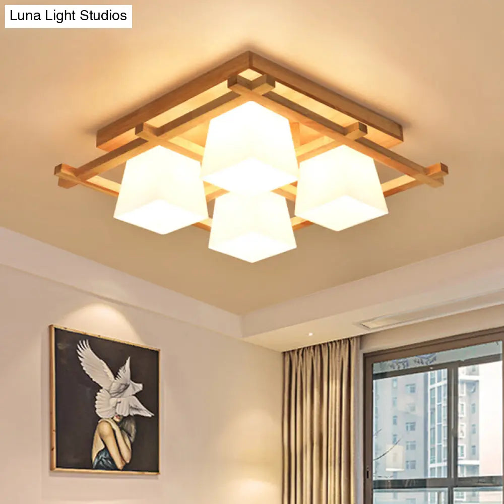 Trapezoid Glass Flush Light: Japanese 4/6-Bulb Ceiling Fixture with Wood Grid Frame