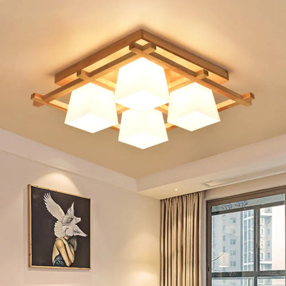 DecorBites™ DecorBites™ Trapezoid Glass Flush Light: Japanese 4/6-Bulb Ceiling Fixture with Wood Grid Frame