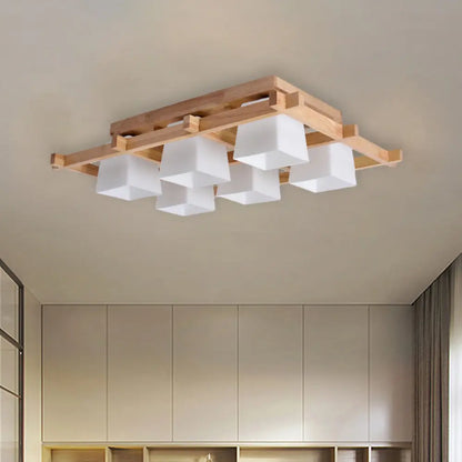 DecorBites™ DecorBites™ Trapezoid Glass Flush Light: Japanese 4/6-Bulb Ceiling Fixture with Wood Grid Frame