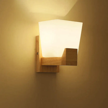 DecorBites™ DecorBites™ Trapezoid Glass Wall Sconce Light with Wood Backplate - White Bedside Mount