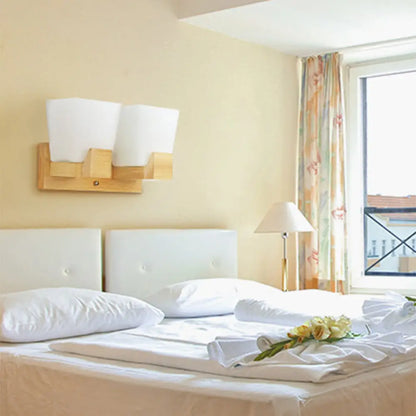 DecorBites™ DecorBites™ Trapezoid Glass Wall Sconce Light with Wood Backplate - White Bedside Mount