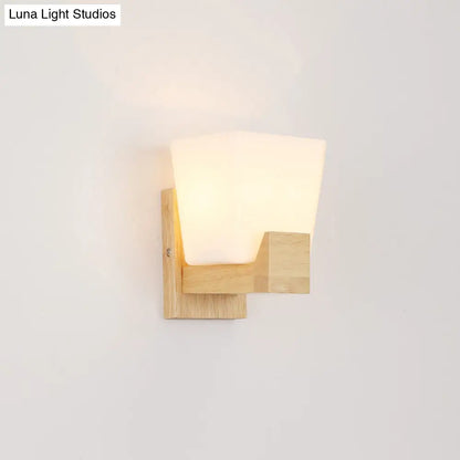DecorBites™ DecorBites™ Trapezoid Glass Wall Sconce Light with Wood Backplate - White Bedside Mount