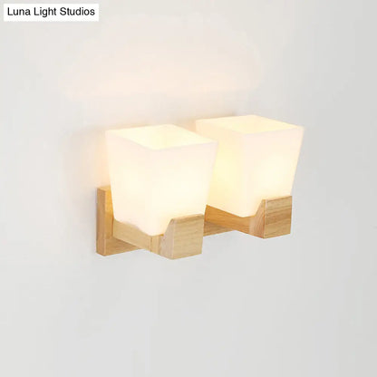 DecorBites™ DecorBites™ Trapezoid Glass Wall Sconce Light with Wood Backplate - White Bedside Mount