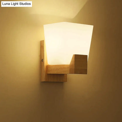 DecorBites™ DecorBites™ Trapezoid Glass Wall Sconce Light with Wood Backplate - White Bedside Mount