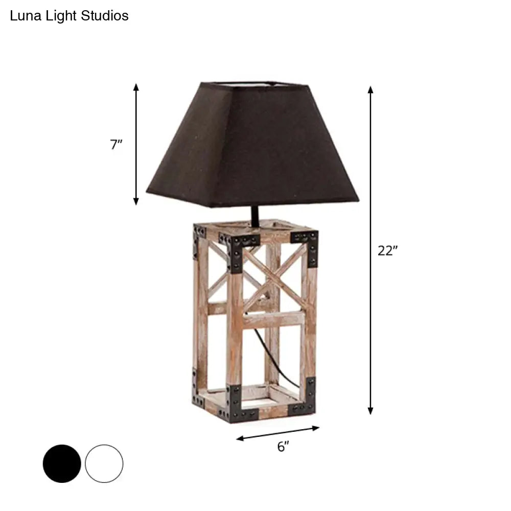 Trapezoid Nightstand Lamp: Modernist 1-Bulb Fabric Table Lamp with Wood Base (White/Black)