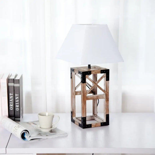 Trapezoid Nightstand Lamp: Modernist 1-Bulb Fabric Table Lamp with Wood Base (White/Black)