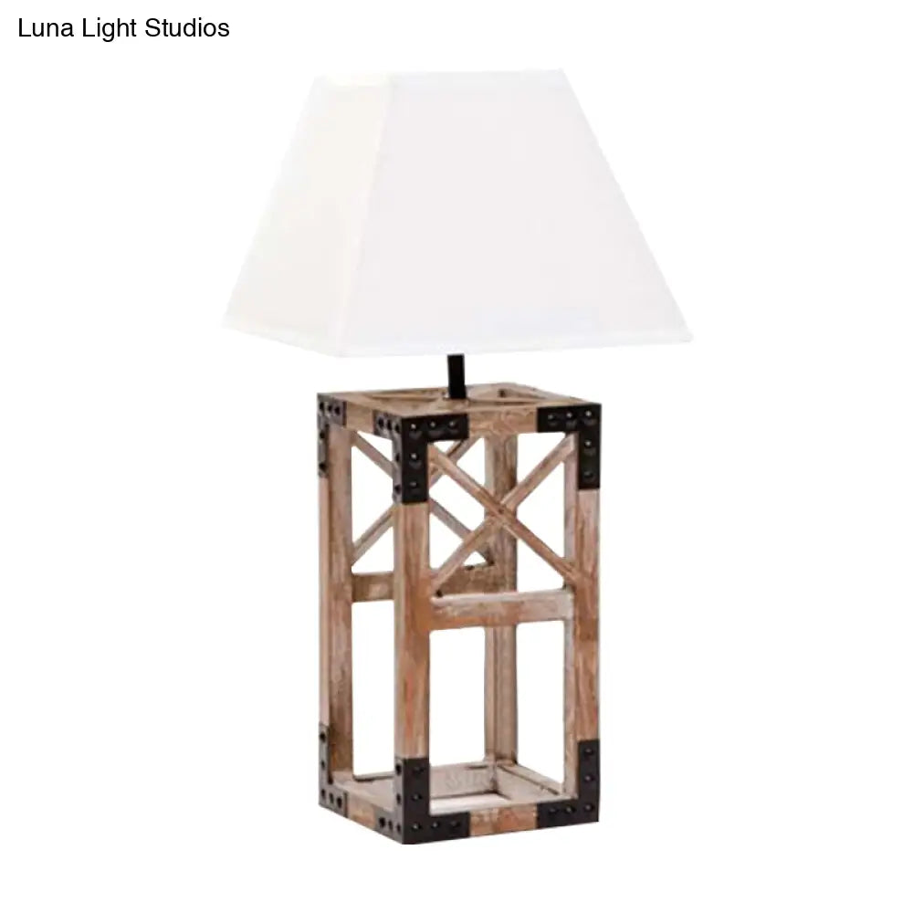 Trapezoid Nightstand Lamp: Modernist 1-Bulb Fabric Table Lamp with Wood Base (White/Black)