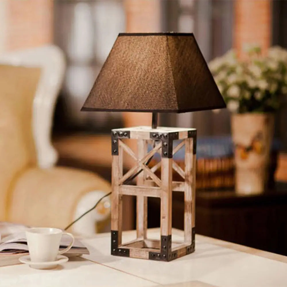 Trapezoid Nightstand Lamp: Modernist 1-Bulb Fabric Table Lamp with Wood Base (White/Black)