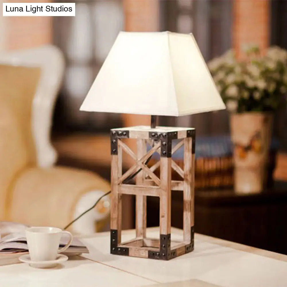 Trapezoid Nightstand Lamp: Modernist 1-Bulb Fabric Table Lamp with Wood Base (White/Black)