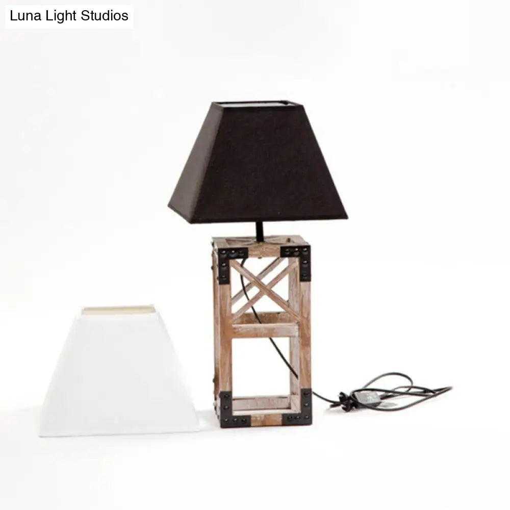 Trapezoid Nightstand Lamp: Modernist 1-Bulb Fabric Table Lamp with Wood Base (White/Black)