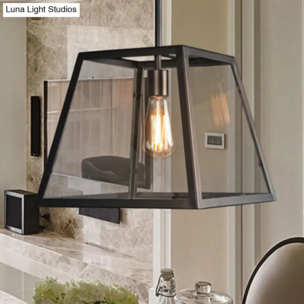 Trapezoid Pendant Light - Traditional 1-Light Suspension Lamp in Black, Metal and Glass