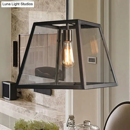 Trapezoid Pendant Light - Traditional 1-Light Suspension Lamp in Black, Metal and Glass