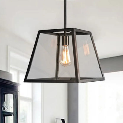 Trapezoid Pendant Light - Traditional 1-Light Suspension Lamp in Black, Metal and Glass